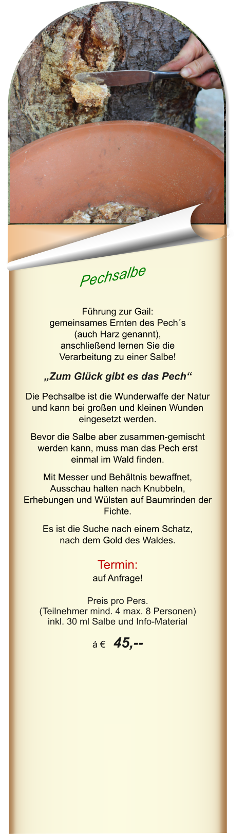 Pechsalbe  Führung zur Gail: gemeinsames Ernten des Pech´s  (auch Harz genannt), anschließend lernen Sie die  Verarbeitung zu einer Salbe!  „Zum Glück gibt es das Pech“  Die Pechsalbe ist die Wunderwaffe der Natur und kann bei großen und kleinen Wunden eingesetzt werden.   Bevor die Salbe aber zusammen-gemischt werden kann, muss man das Pech erst einmal im Wald finden.   Mit Messer und Behältnis bewaffnet,  Ausschau halten nach Knubbeln,  Erhebungen und Wülsten auf Baumrinden der Fichte.   Es ist die Suche nach einem Schatz,  nach dem Gold des Waldes.  Termin: auf Anfrage!  Preis pro Pers.  (Teilnehmer mind. 4 max. 8 Personen) inkl. 30 ml Salbe und Info-Material  á €  45,--