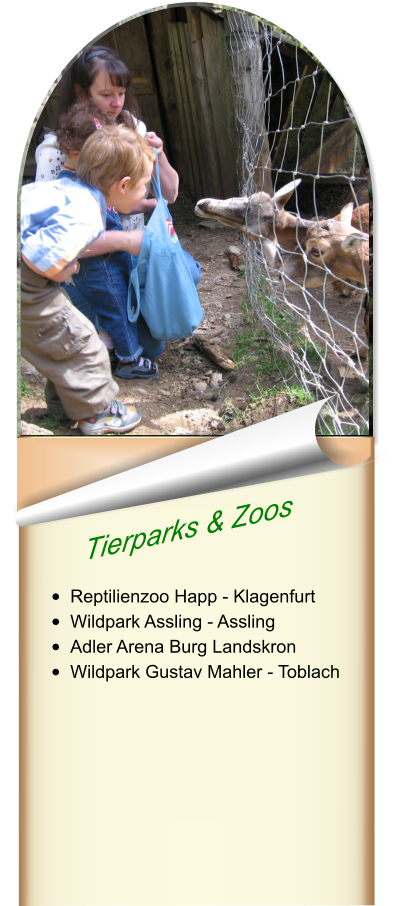 Tierparks & Zoos  •	Reptilienzoo Happ - Klagenfurt •	Wildpark Assling - Assling •	Adler Arena Burg Landskron •	Wildpark Gustav Mahler - Toblach